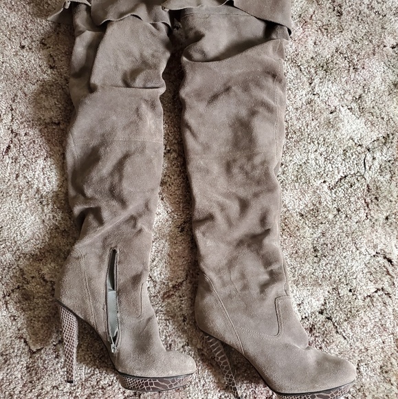 Bakers Shoes Bakers Lila Thigh High Gray Suede Platform Boots